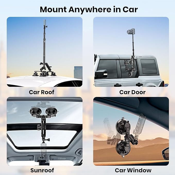Suction Car Mount for GoPro/Insta360/DJI | Aluminum Alloy Extendable Selfie - Image 2