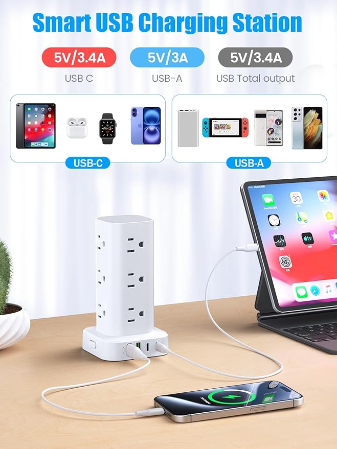 Tower Power Strip with 15W Wireless Charger, 6FT Flat Plug Extension Cord with - Image 4
