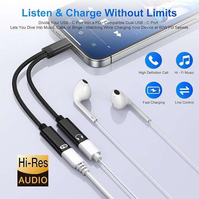 USB-C Headphone and Charger Adapter, 2in1 USB C Splitter Dongle Cable - Image 3