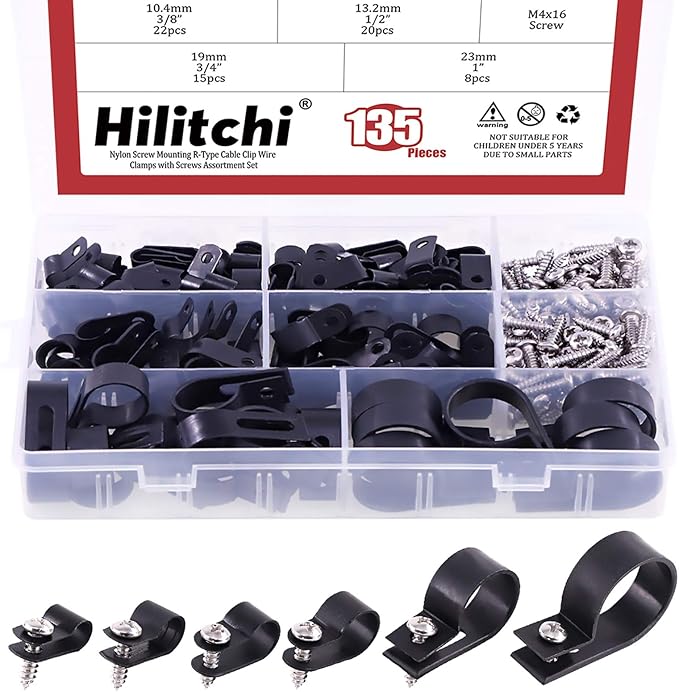 Hilitchi 135 Pcs 6 Sizes Black Plastic Cable Clamp R Type Screw Mounting Cord by Hilitchi