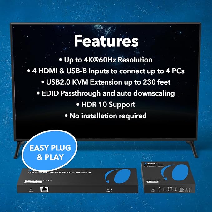 OREI 4x1 KVM 4K HDMI Over Ethernet Extender Switcher Balun Over CAT6/7 Cable - Image 3