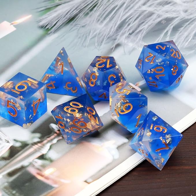Haxtec Blue DND Dice Set Sharp Edge Resin Dice Gold Flakes - Image 2