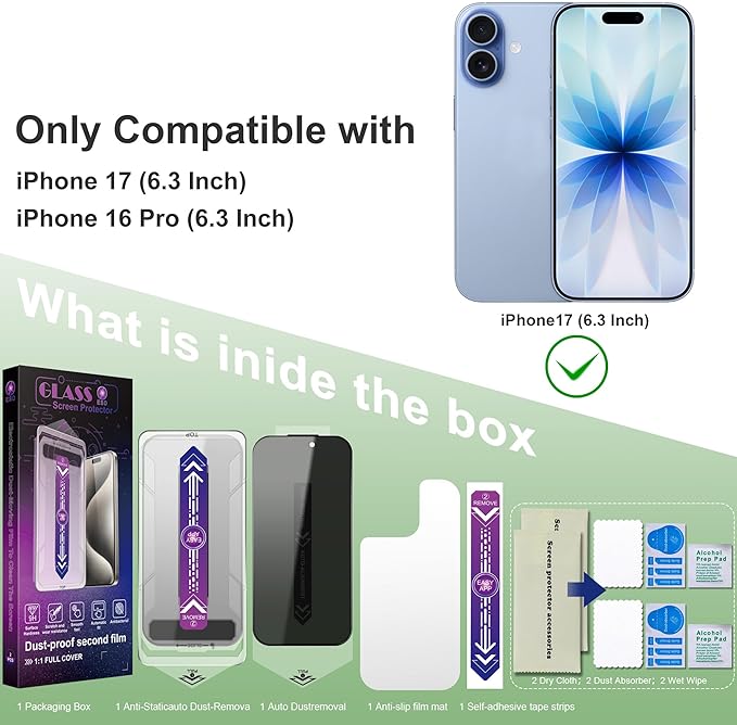 Privacy Screen Protector for iPhone 17, iPhone 16 Pro 6.3-Inch, Auto Dust - Image 6