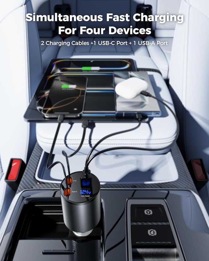 Retractable Car Charger, 4 in 1 Fast Car Phone Charger - Image 5