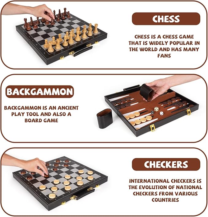 Chess Checkers Backgammon Set 3-in-1 Board Games Sets - Image 4