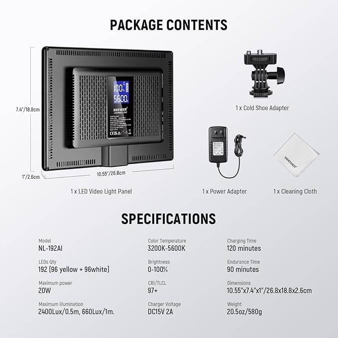 NEEWER 192 LED Video Light Panel, 20W Ultra Thin 8000mAh Bi Color Dimmable DSLR - Image 9
