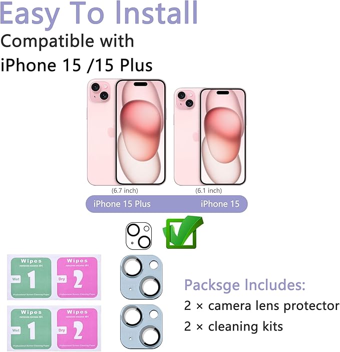 2 Pack Camera Lens Protector for iPhone 15 / iPhone 15 Plus, AR Tempered Glass - Image 2
