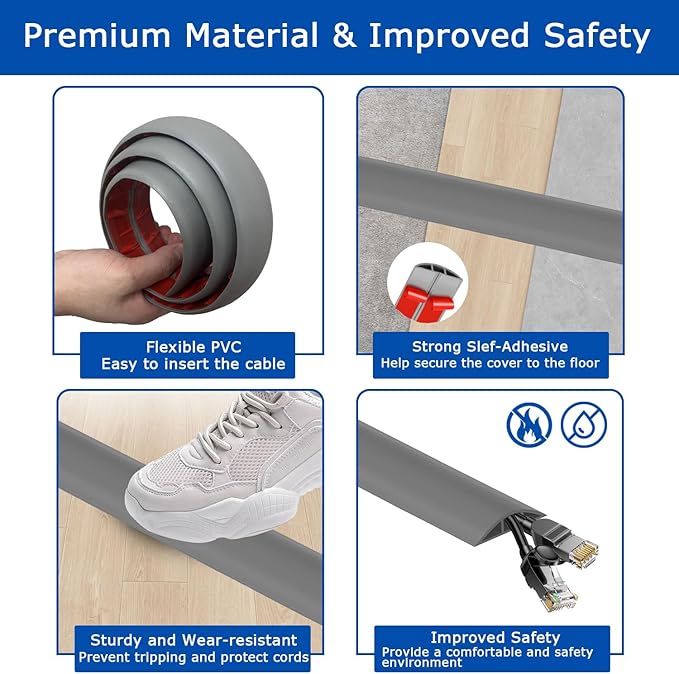 4ft Floor Cord Cover, Cord Hider Floor Gray, Extension Cable Cover Power Cord - Image 3