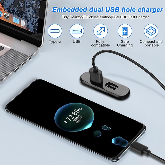 XMSJSIY USB USB C Desk Power Grommet Outlet 5V/2A USB/Type-C Embedded Charging - Image 5