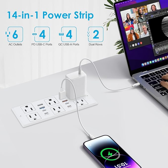 30W Recessed Power Strip USB C, Desk Flush Mount Outlet Plug in 6 AC & 8 USB - Image 3