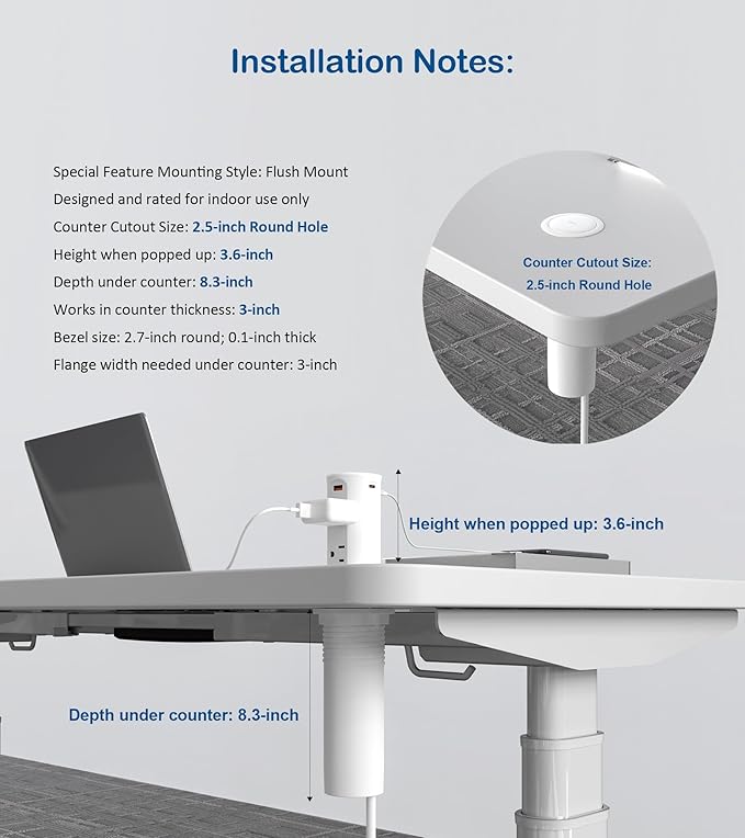 Pop up Outlet for Countertop, 65W USB C Fast Charging Port, 2.5-inch Hole - Image 7