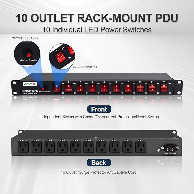 10-Outlet 1U Horizontal PDU Rack Mount Power Strip - Image 2