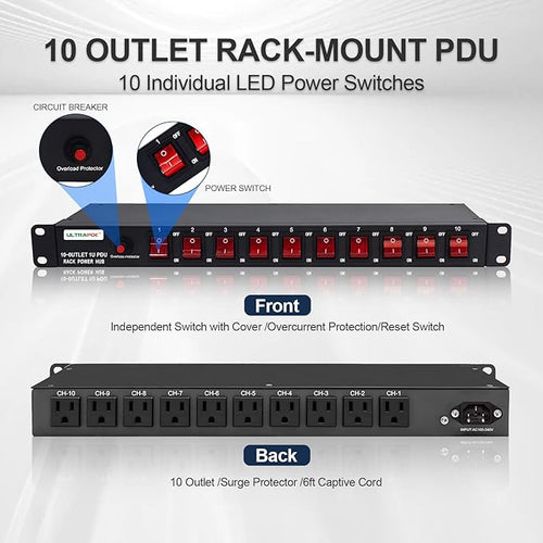 10-Outlet 1U Horizontal PDU Rack Mount Power Strip - Image 2