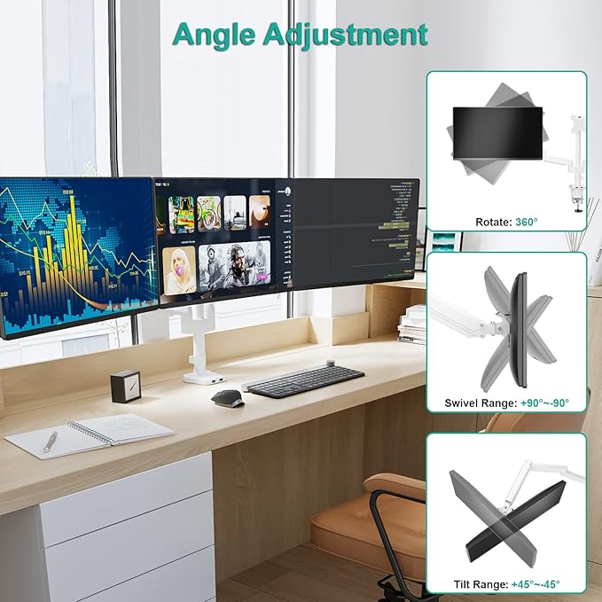 WALI White Triple Monitor Mount, 3 Monitor Desk Mount - Image 6