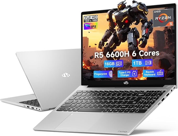 NIMO 15.6" IPS FHD-Gaming-Laptop, AMD Ryzen 5 6600H 6-Cores 660M GPU 16GB DDR5 by Nimo