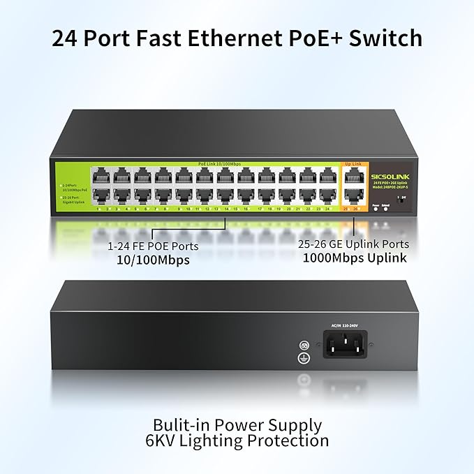 POE Switch with 24 Port POE + 2 Gigabit Uplink, 802.3af/at PoE+ 100Mbps - Image 2