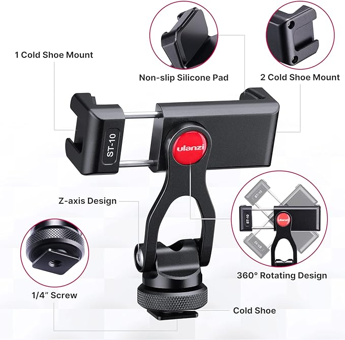 ULANZI Metal Phone Tripod Mount ST-10, Universal 360° Smartphone Adapter - Image 7