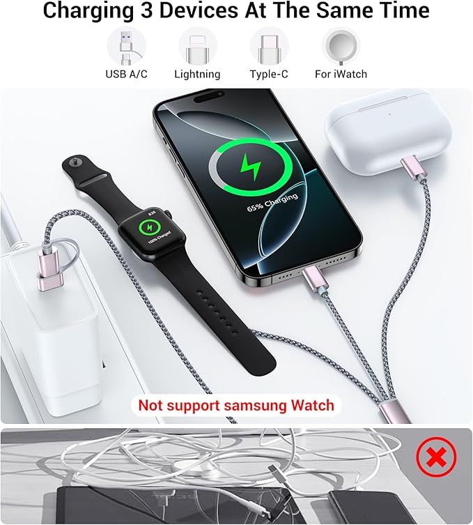 Temdan for Travel Vacation Essentials, 3 in 2 USB C Cable for Apple Watch - Image 3