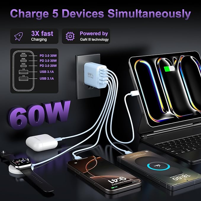 USB C Fast Wall Charger Block, 5-Port PD+QC Power Adapter Multiport Brick Type - Image 3