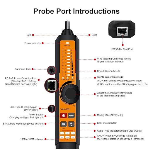 Rechargeable Digital Tone Cable Tester, WANLUTECH Tone Generator - Image 7