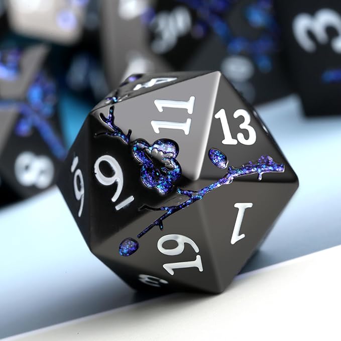 Glitter Blue D&D Metal Dice, DNDND 7 PCS Flower Metallic DND Dice Set - Image 2
