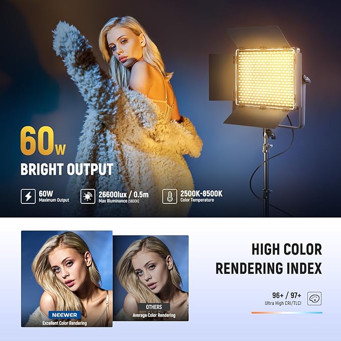 NEEWER Bi Color LED Panel Video Light APP/2.4G/DMX Control, 60W 26600Lux/0.5m - Image 3