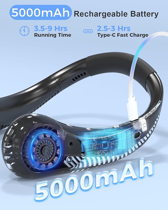 Bladeless Neck Fan, 5000mAh Rechargeable Battery Powered, 3 Speeds, Angle - Image 2