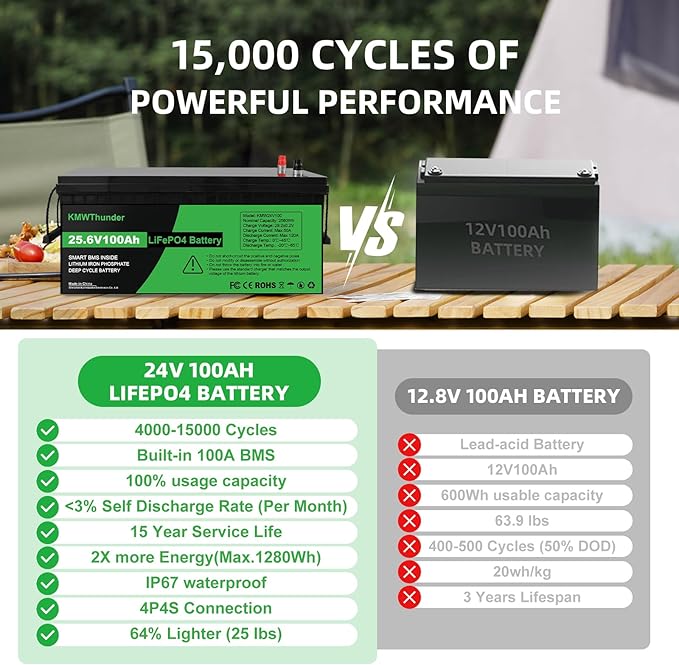 24V 100Ah LiFePO4 Lithium Battery, Built-in Smart BMS, Low-Temp Protection Up - Image 4