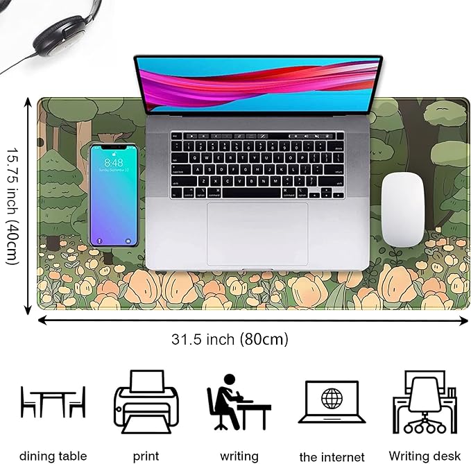 Anime Forest Desk Mat, Cute Green Mouse Pad, Kawaii Aesthetic Full Desktop Pad - Image 3