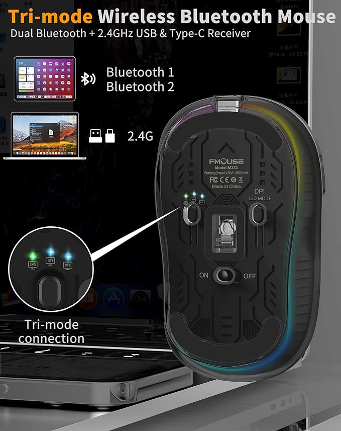 Bluetooth Wireless Mouse, Transparent RGB Tri-Modes Mouse, USB-C Receiver Ideal - Image 6