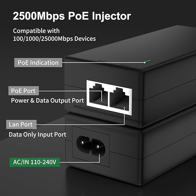 2.5Gb PoE+ Injector Adapter 30W 48~55V, IEEE 802.3at/af Compliant, Converts - Image 3