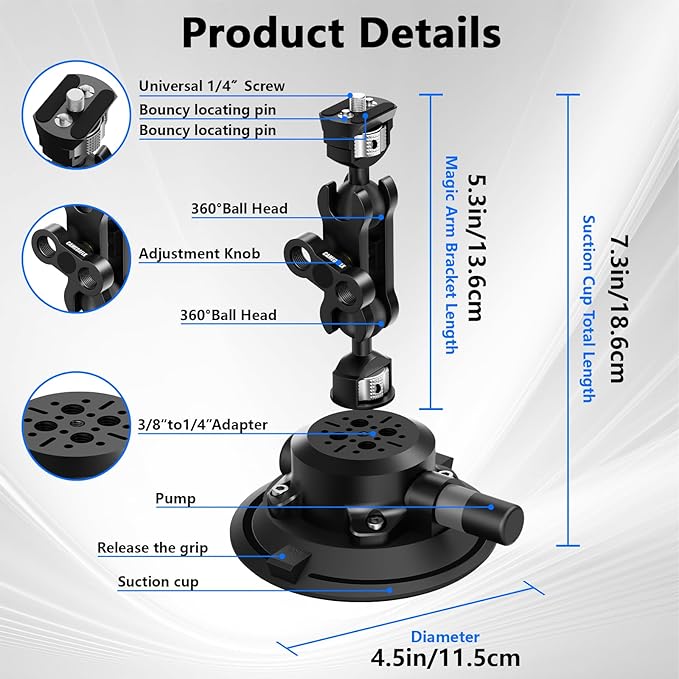 Camera Suction Cup Mount with Ball Head Magic Arm, 4.5" Metal Vacuum Suction - Image 5