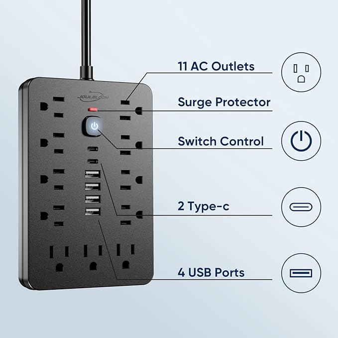 15 FT Flat Plug Surge Protector Power Strip, 11 Multiple AC Outlets - Image 4