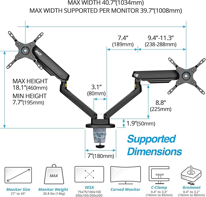 AVLT Dual 27”-43” RGB Gaming Monitor Arm Desk Mount Built-in 20 Lighting Modes - Image 4