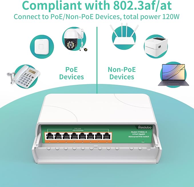 2 Pack 8 Port Gigabit PoE Switch Waterproof, 1000 Mbps 8 PoE+ Ports 120W - Image 6