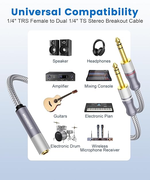 1/4" Splitter Cable 2 Feet/60CM, Microphone Splitter 1 Female to 2 Male TRS 1/4 - Image 4