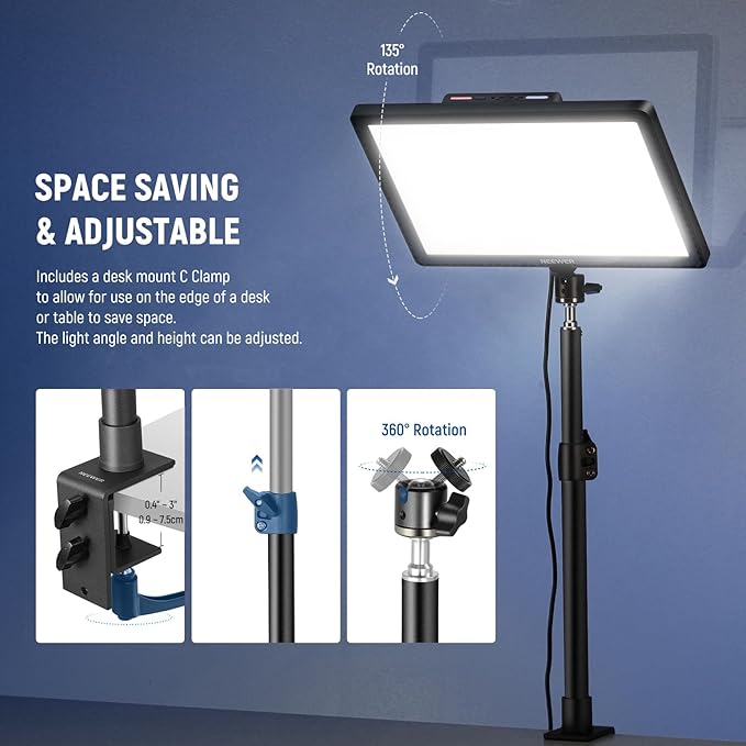 NEEWER 15.5" LED Streaming Key Light, Clamp on Desk Panel Video Lighting - Image 8