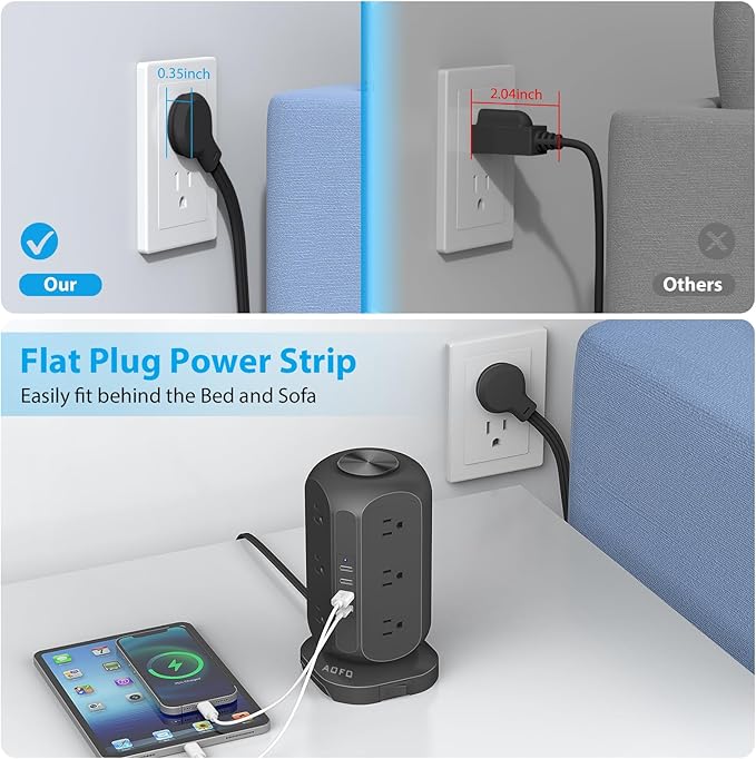 Long Extension Cord 15 ft Power Strip Tower, Surge Protector 12 AC Outlets 4 - Image 2