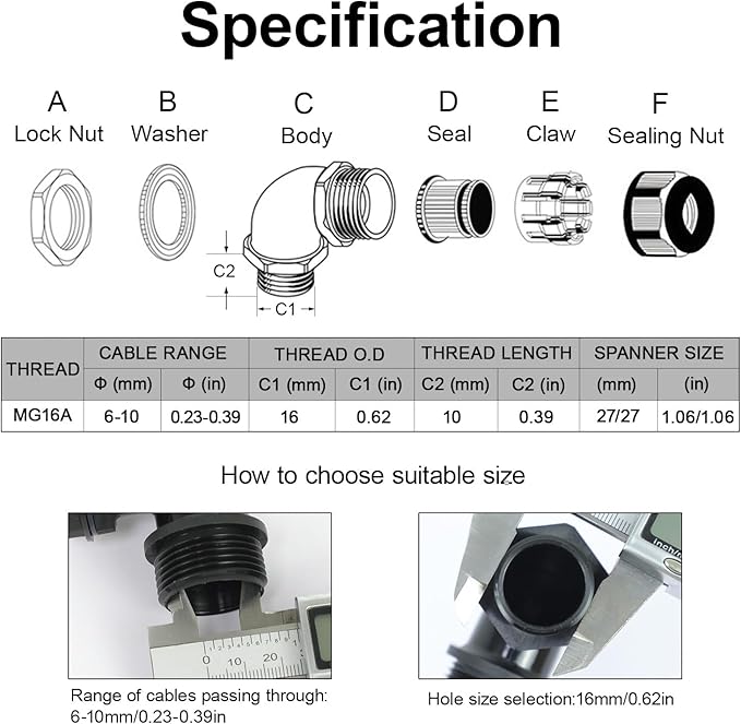 LeMotech M20 Cable Gland, 90 Degree Adjustable 9-14mm Strain Relief, Cord - Image 2