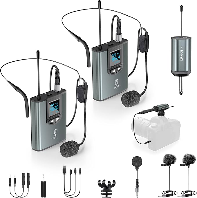 Wireless Microphone System Dual Transmitters Receiver Lavalier/Headset Mic Set by ttstar