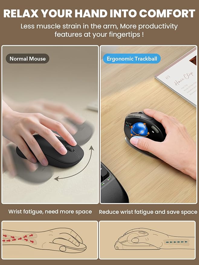 Wireless Trackball Mouse, Ergonomic Bluetooth Rechargeable Computer Mouse - Image 3