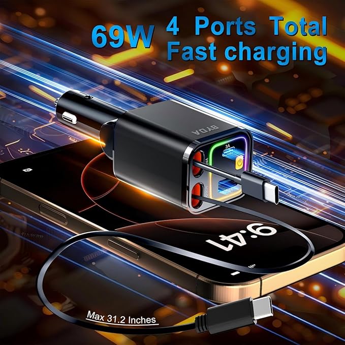 4 in 1 Retractable Car Charger, 69W Car Charger USB C, Cigarette Lighter Adapter - Image 8