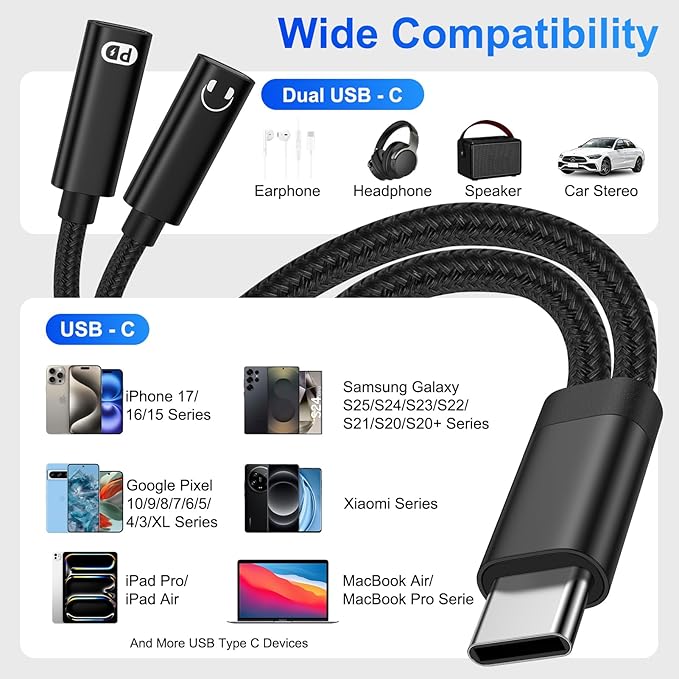 USB-C Headphone and Charger Adapter, 2in1 USB C Splitter Dongle Cable - Image 7