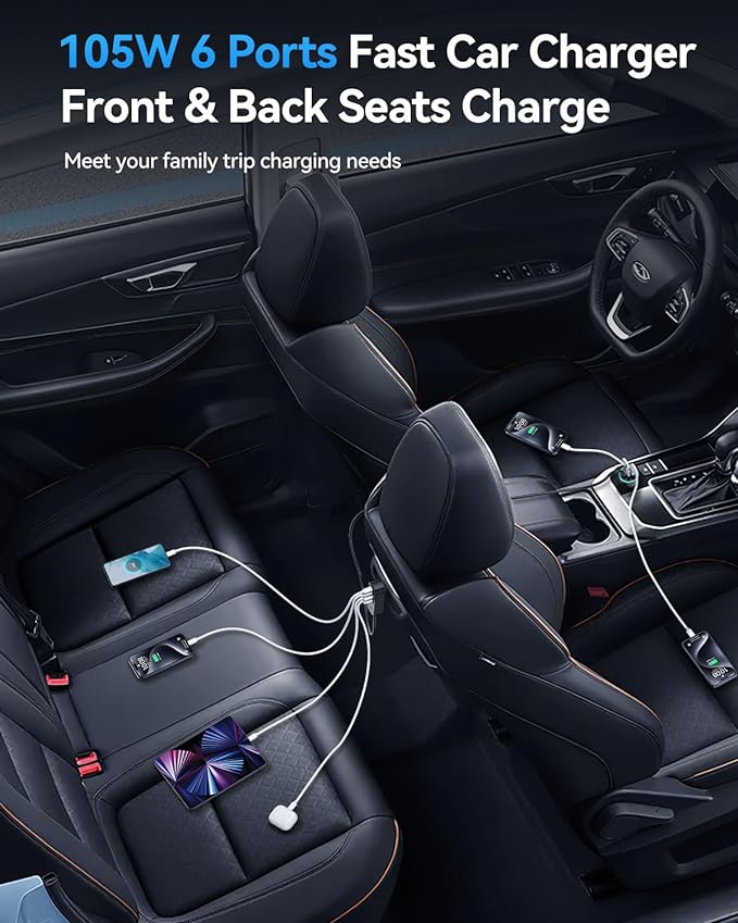 Rocoren 105W 6-Port Multiport Car Charger, PD Fast USB C Car Charger - Image 3