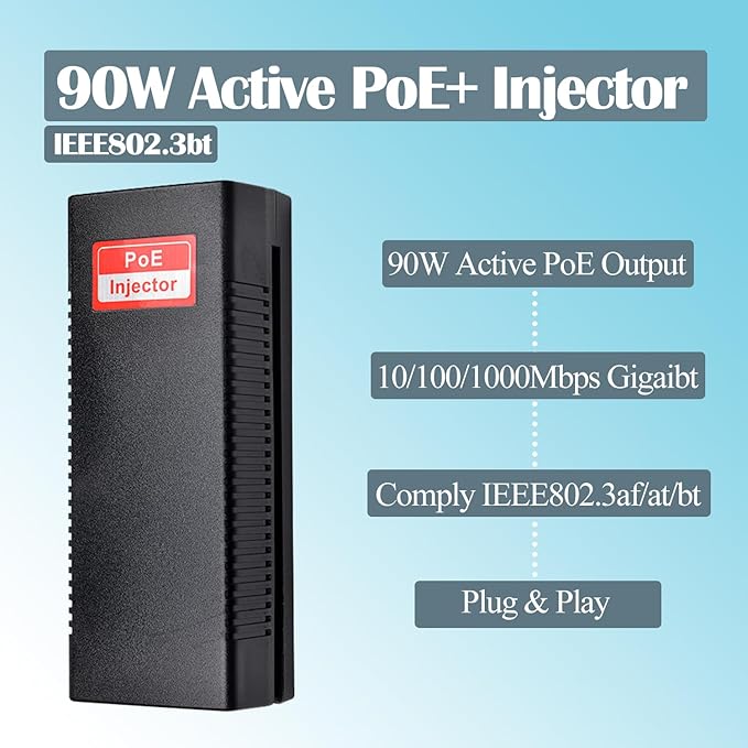 Revotech Gigabit 90W PoE++ Injector 54-56V Adapter, 10/100/1000Base-T IEEE - Image 2
