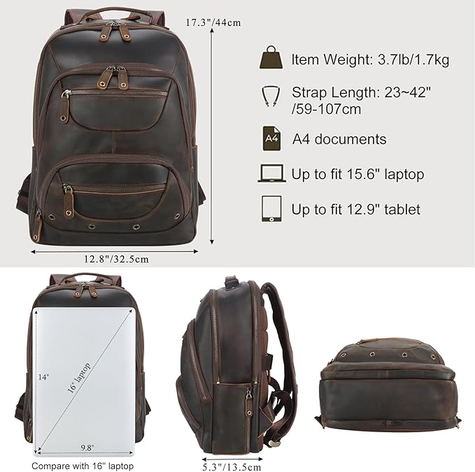 TIDING Men's Full Grain Leather Backpack Fits 16" Laptop, Vintage Business - Image 5