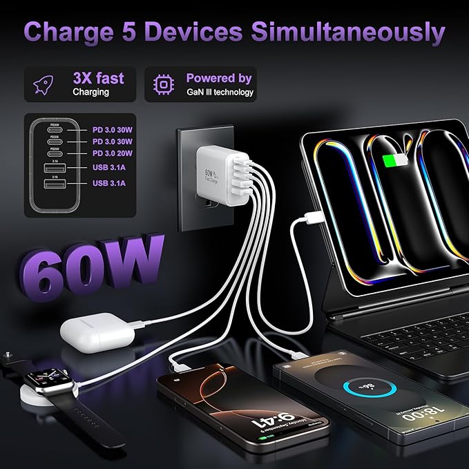USB C Fast Wall Charger Block, 5-Port PD+QC Power Adapter Multiport Brick Type - Image 3