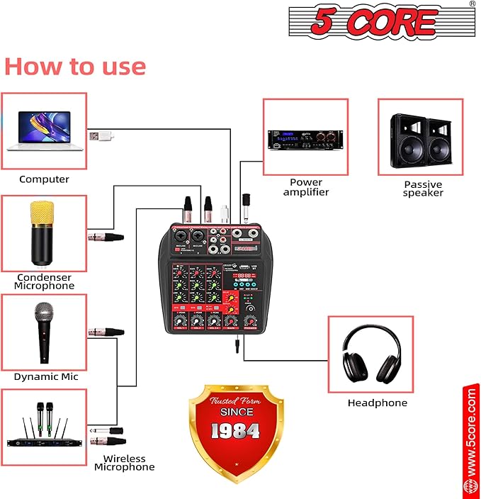 5 Core Audio Mixer 4 Channel DJ Mixing Board Small Bluetooth USB Analog - Image 7