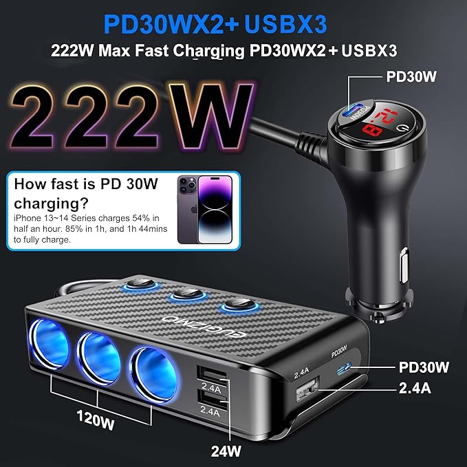 Cigarette Lighter Adapter, 222W 3 Socket Car Cigarette Lighter Plug USB Charger - Image 2