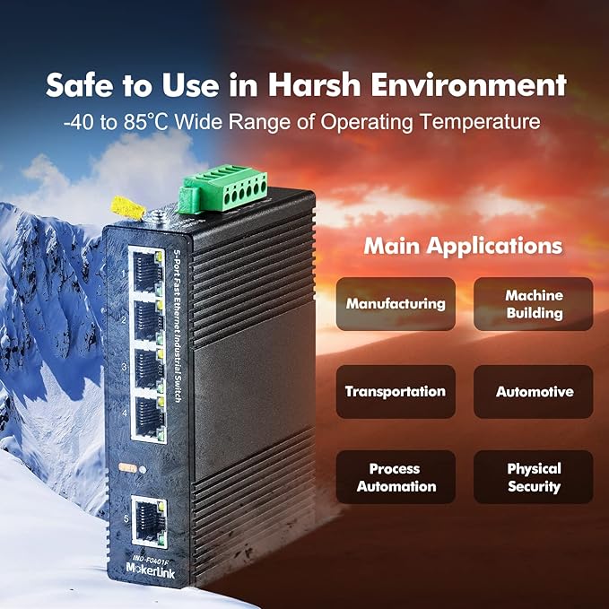 MokerLink 5 Port Industrial DIN-Rail Network Switch, 10/100Mbps Fast Ethernet - Image 7
